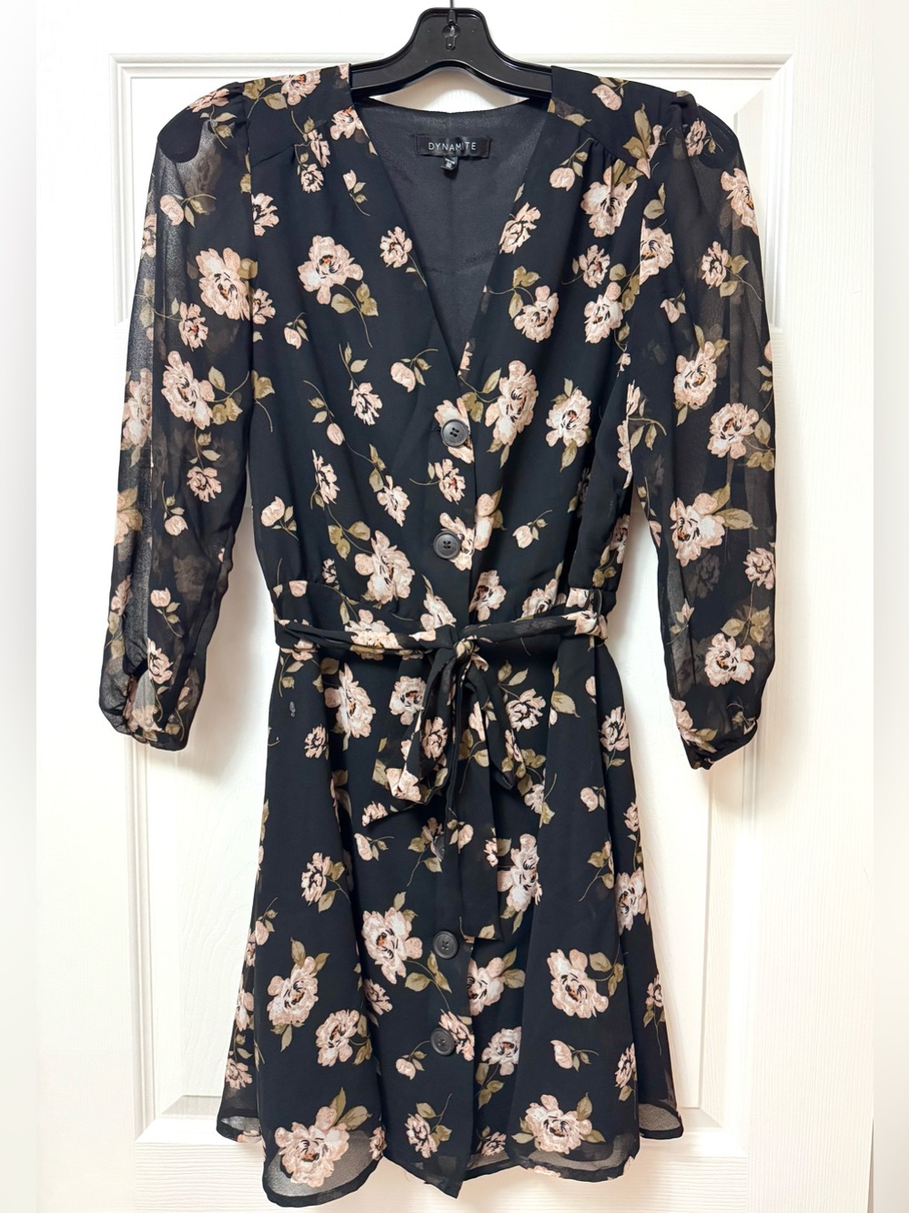 Dynamite Black Floral Button-Front Tie-Waist Dress